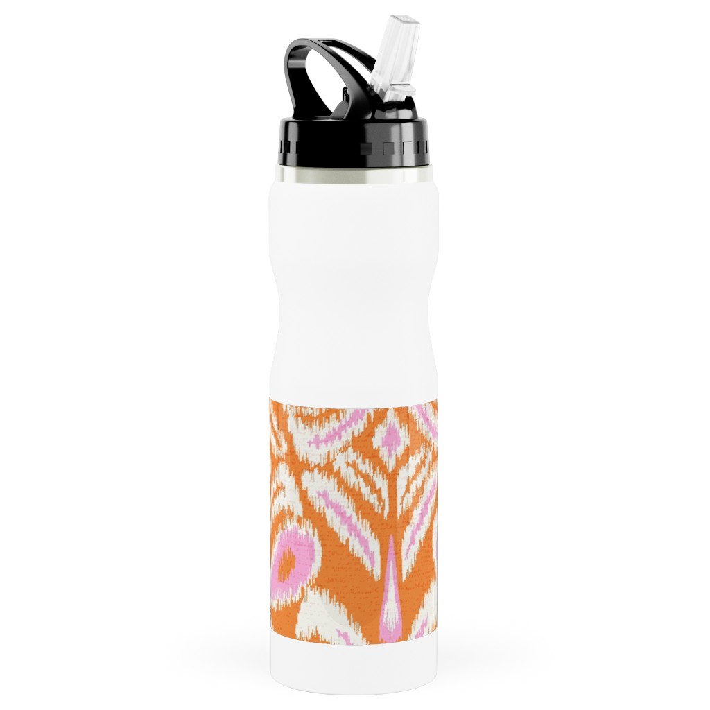Ikat Flower - Orange and Pink Stainless Steel Water Bottle with Straw, 25oz, With Straw, Orange