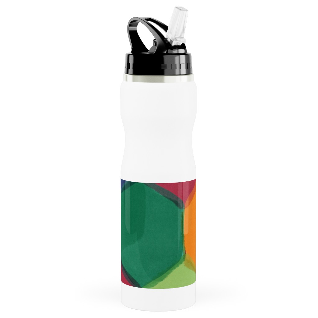 Overlapping Hexagons - Warm Summer Stainless Steel Water Bottle with Straw, 25oz, With Straw, Multicolor