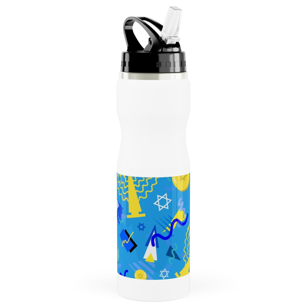 80s Hanukkah Celebration - Blue Stainless Steel Water Bottle with Straw, 25oz, With Straw, Blue