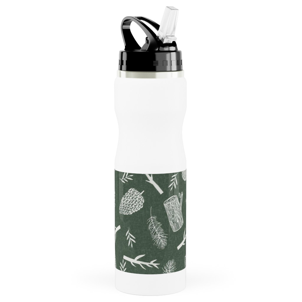 Pinecones - Hunter Green Stainless Steel Water Bottle with Straw, 25oz, With Straw, Green