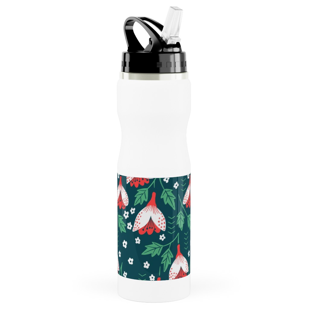 Christmas Flowers Stainless Steel Water Bottle with Straw, 25oz, With Straw, Green