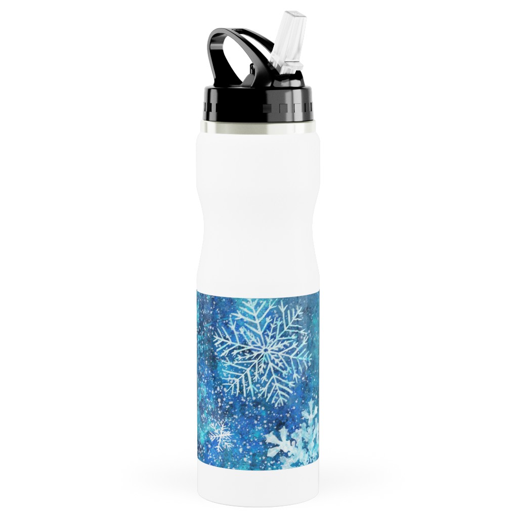 Whinsical Snowflakes Handpainted With Watercolors - Blue Stainless Steel Water Bottle with Straw, 25oz, With Straw, Blue