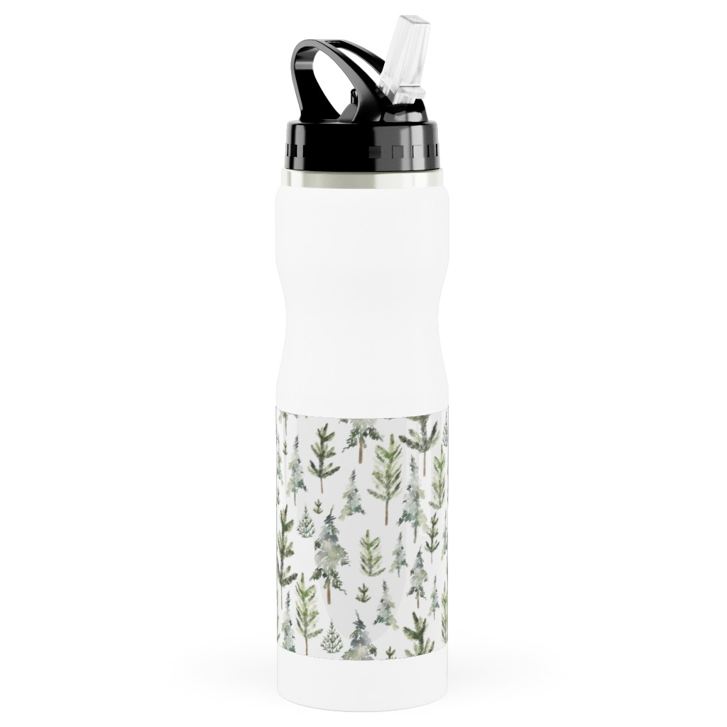 Winter Landscape Stainless Steel Water Bottle with Straw, 25oz, With Straw, Green, Classic Green
