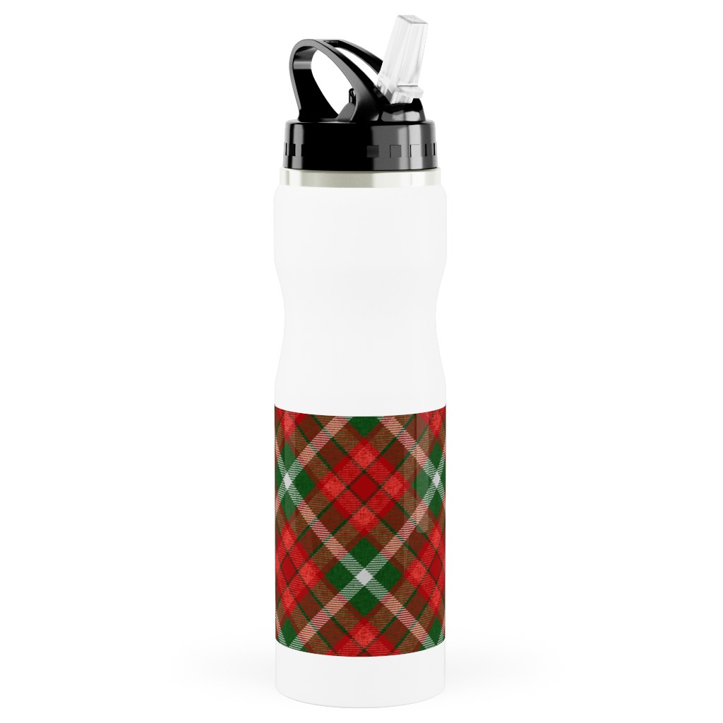 Christmas Plaid - Red and Green Stainless Steel Water Bottle with Straw, 25oz, With Straw, Red