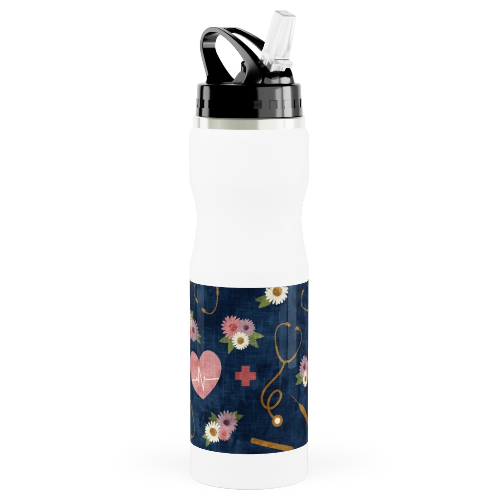 Floral Nurse Melody - Nursing - Blue Stainless Steel Water Bottle with Straw, 25oz, With Straw, Pink