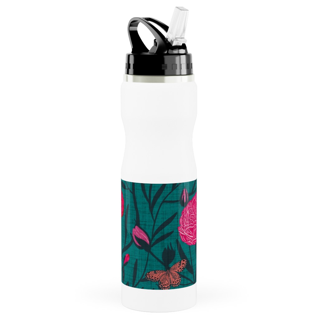 Modern Chintz Stainless Steel Water Bottle with Straw, 25oz, With Straw, Green, Classic Green