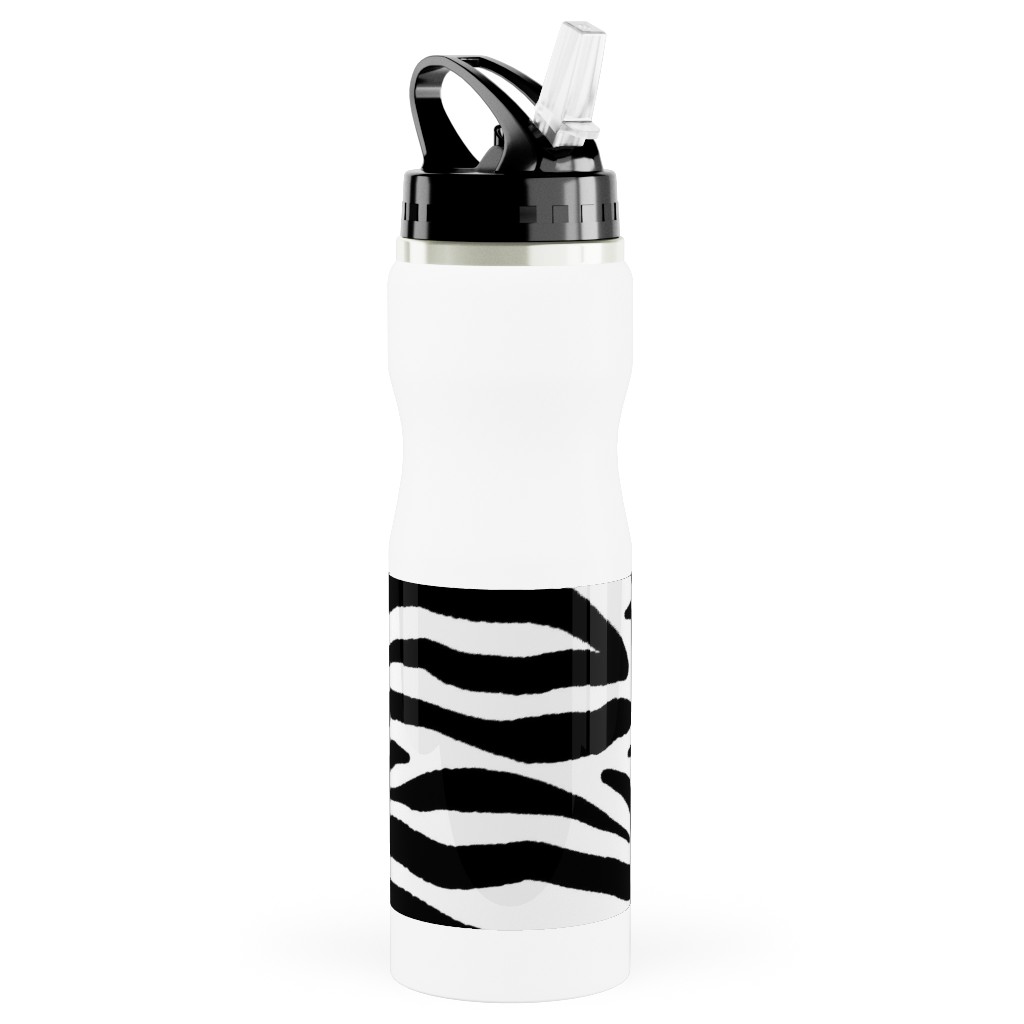 Zebra Print - Black and White Stainless Steel Water Bottle with Straw, 25oz, With Straw, Black