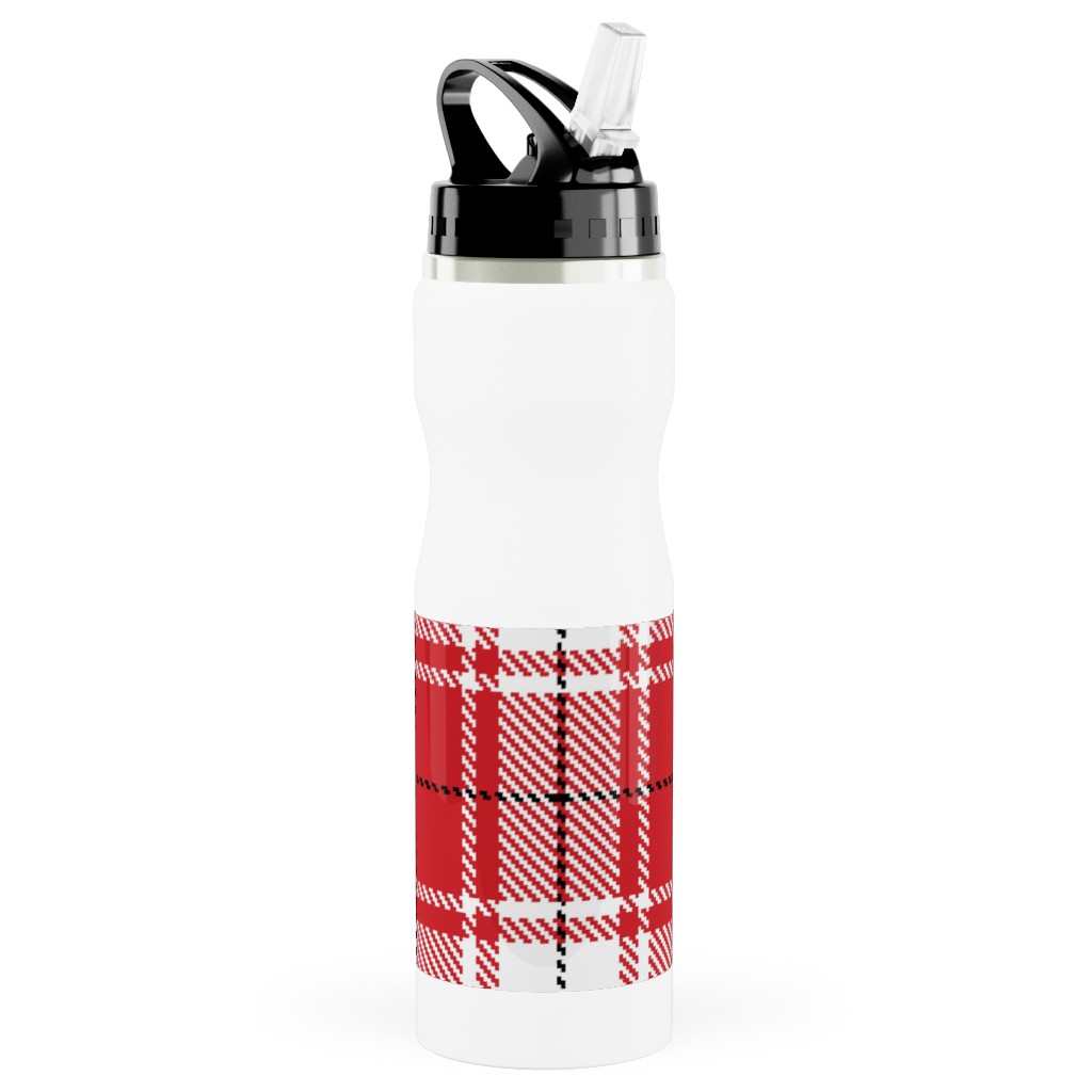 Tartan - White and Red Stainless Steel Water Bottle with Straw, 25oz, With Straw, Red