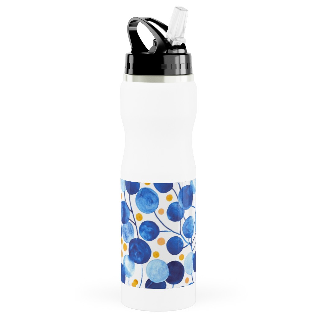 Pompom Plants - Cobalt & Gold Stainless Steel Water Bottle with Straw, 25oz, With Straw, Blue, True Blue