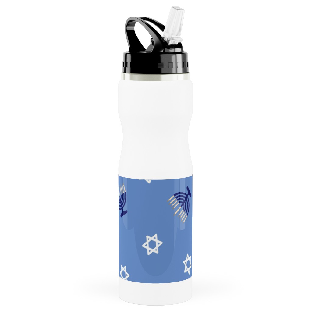 Hanukkah - Blue Stainless Steel Water Bottle with Straw, 25oz, With Straw, Blue