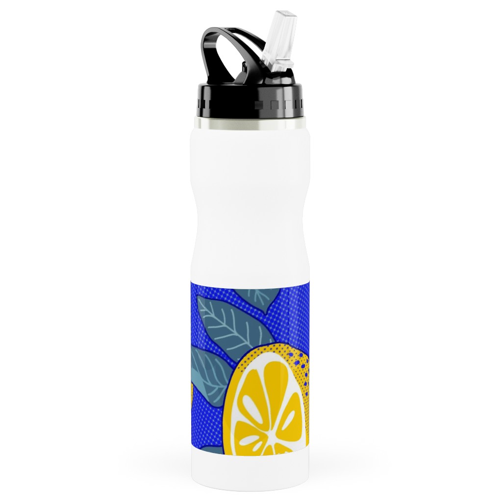 Lemons Pop Art - Blue and Yellow Stainless Steel Water Bottle with Straw, 25oz, With Straw, Yellow