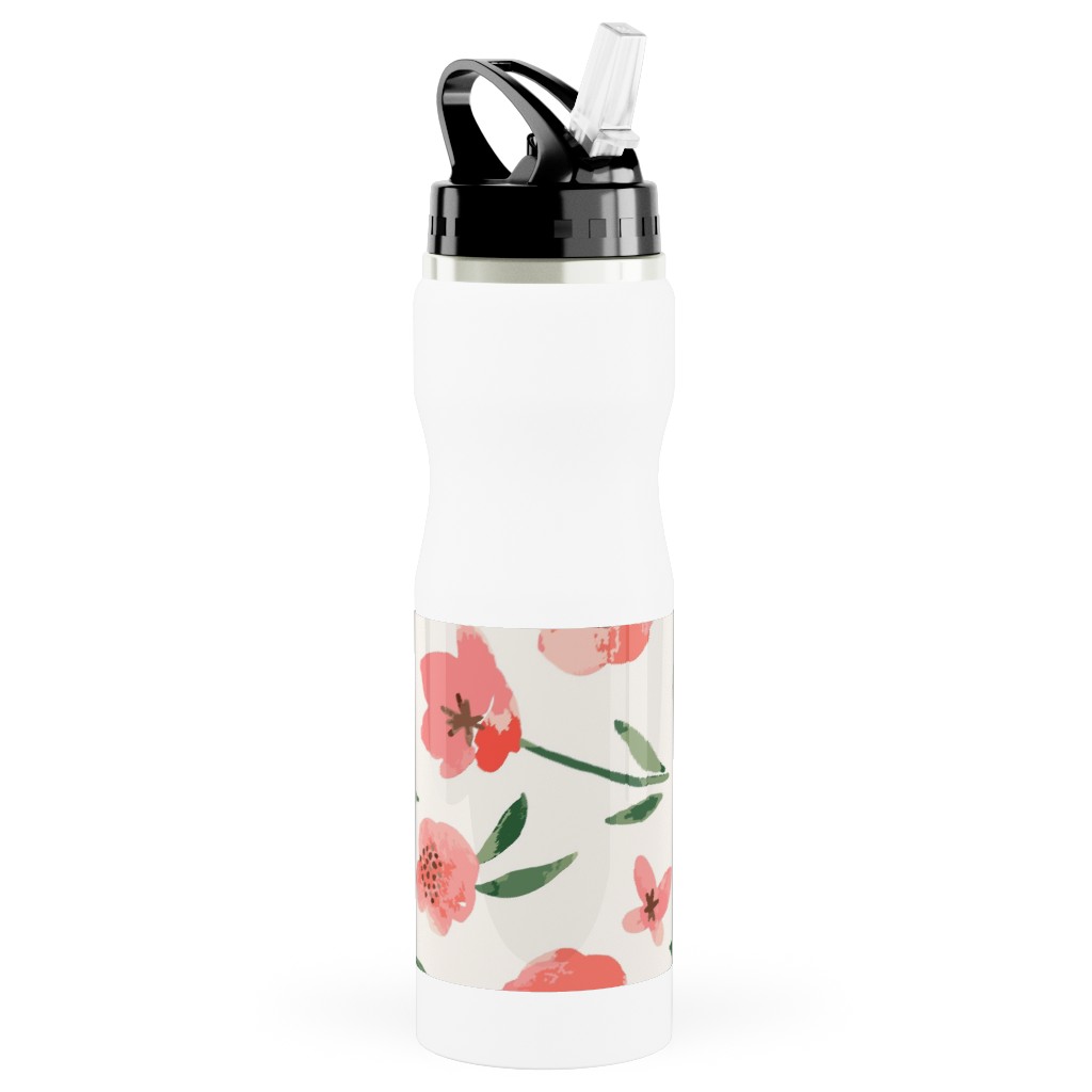 Scattered Watercolor Spring Flowers Stainless Steel Water Bottle with Straw, 25oz, With Straw, Pink, Bright Pink
