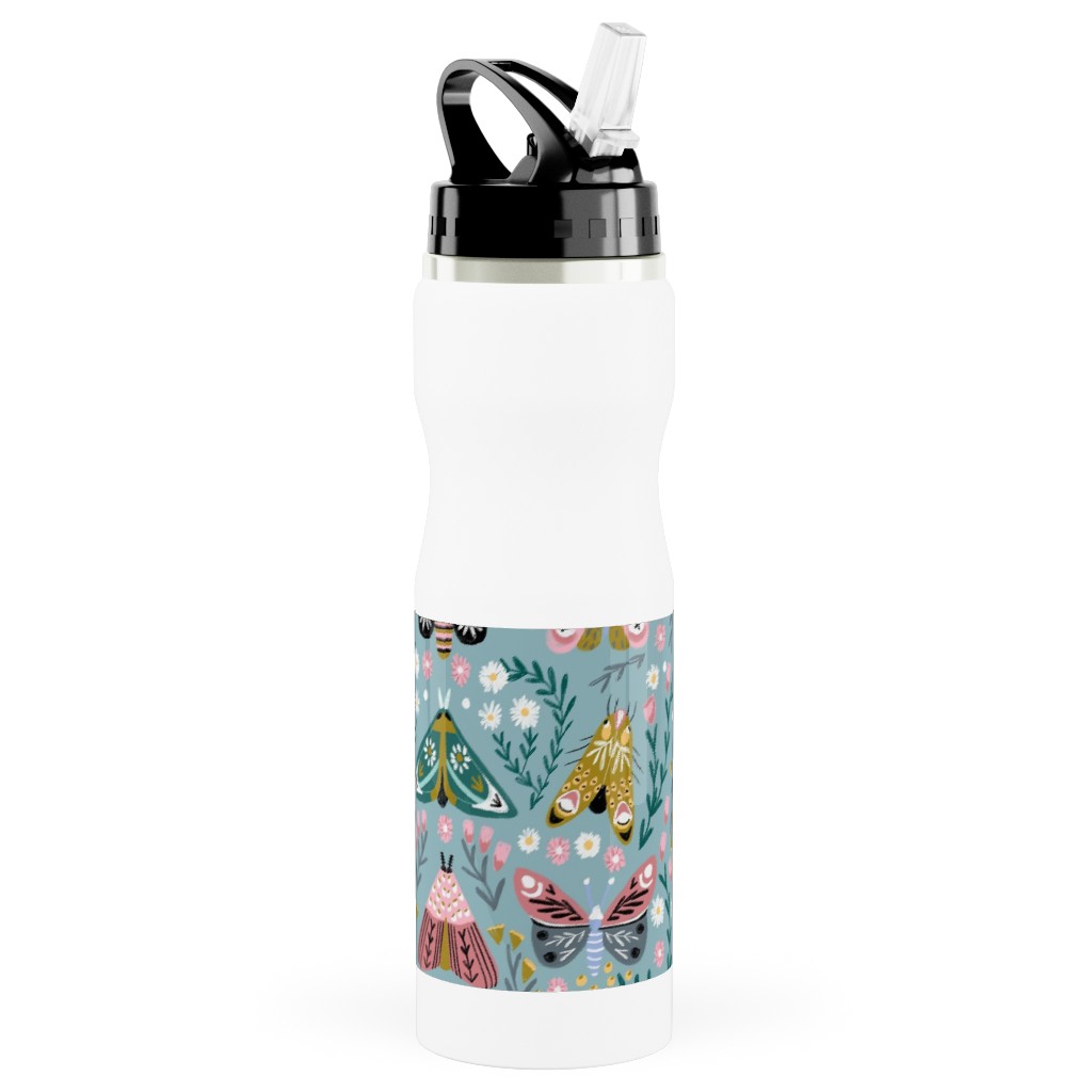 Spring Floral and Butterflies - Blue Stainless Steel Water Bottle with Straw, 25oz, With Straw, Multicolor