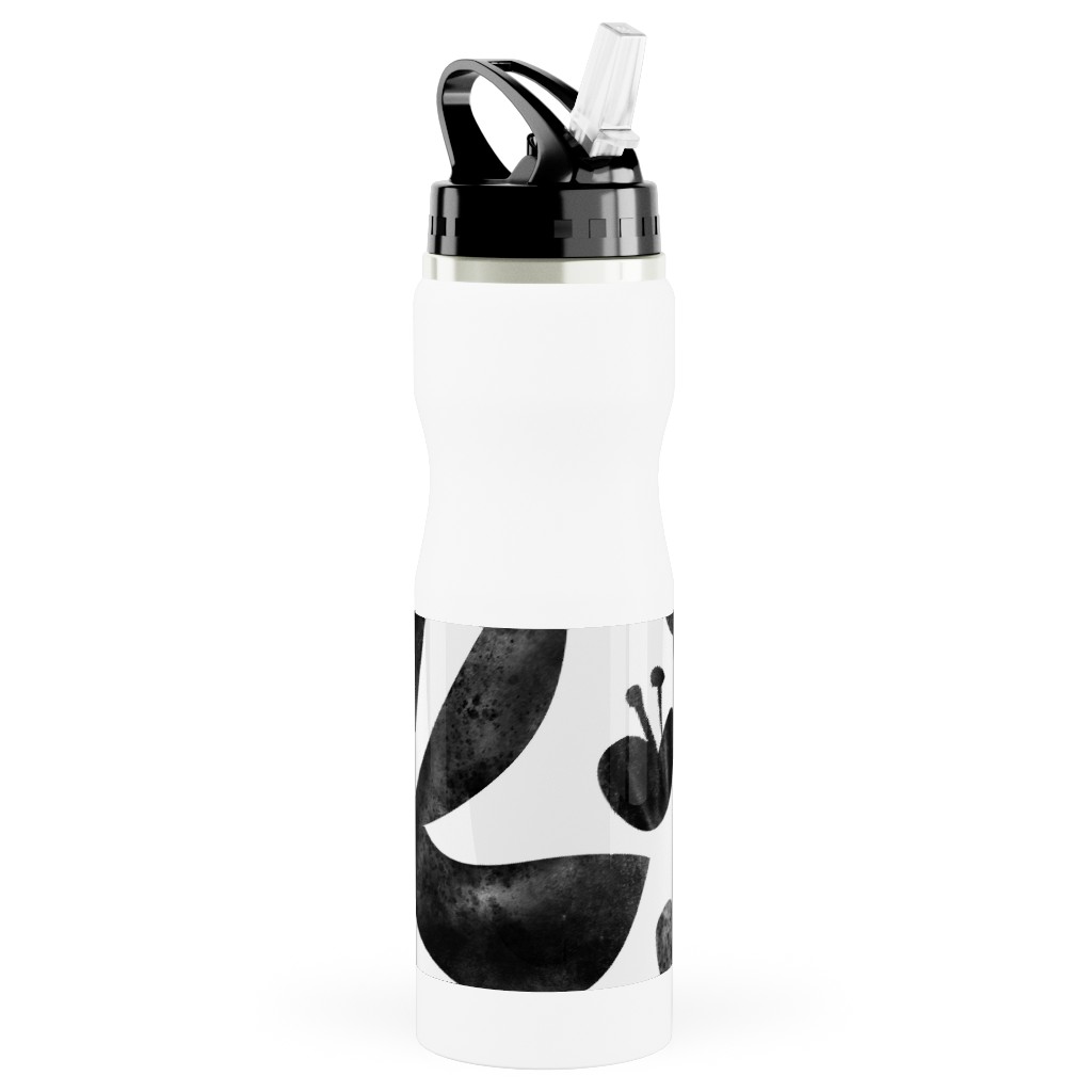 Flower Cutouts - Light Stainless Steel Water Bottle with Straw, 25oz, With Straw, Black, Black