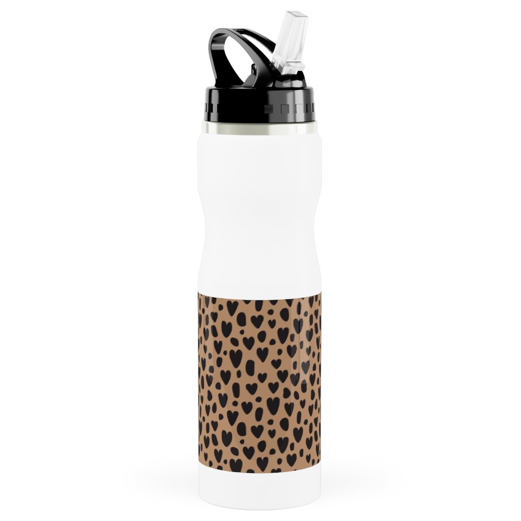 Leopard Hearts - Brown Stainless Steel Water Bottle with Straw, 25oz, With Straw, Brown