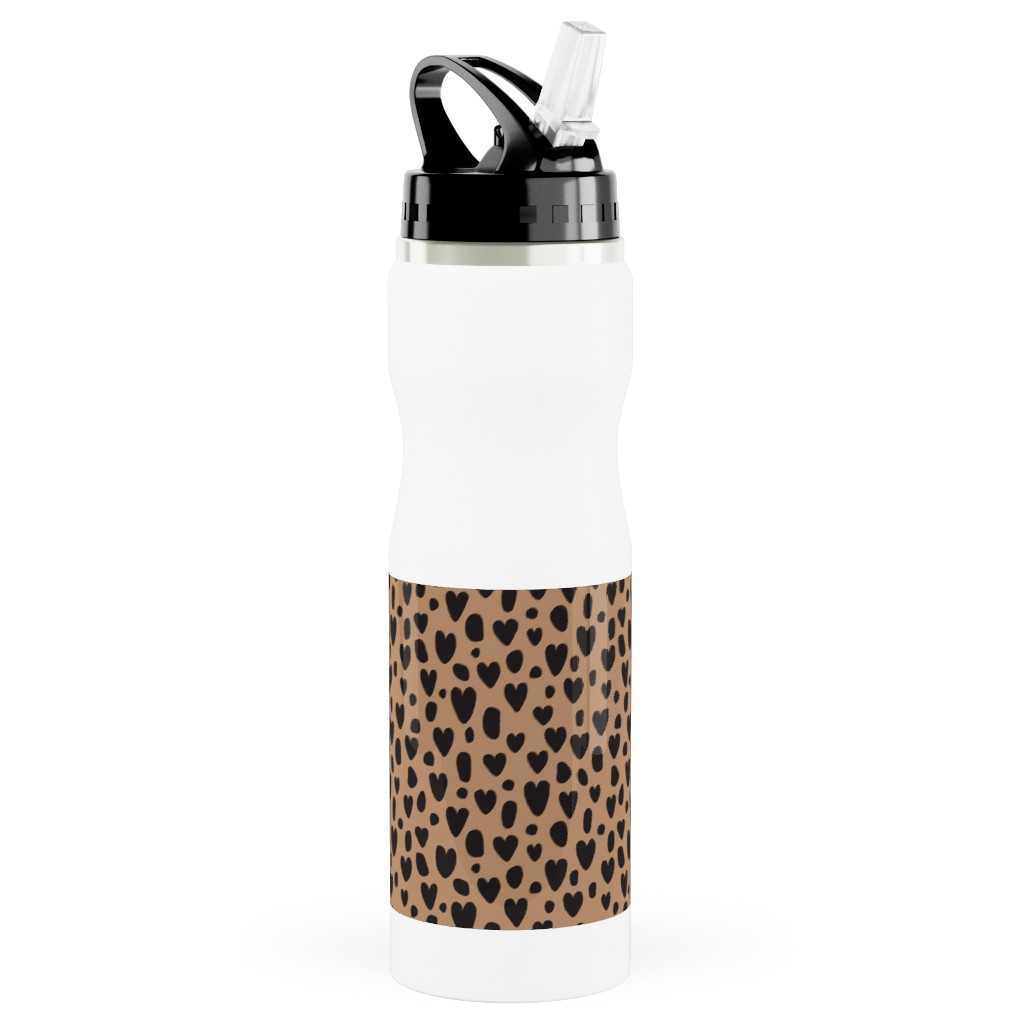 Leopard Hearts - Brown Stainless Steel Water Bottle with Straw, 25oz, With Straw, Brown, Brown