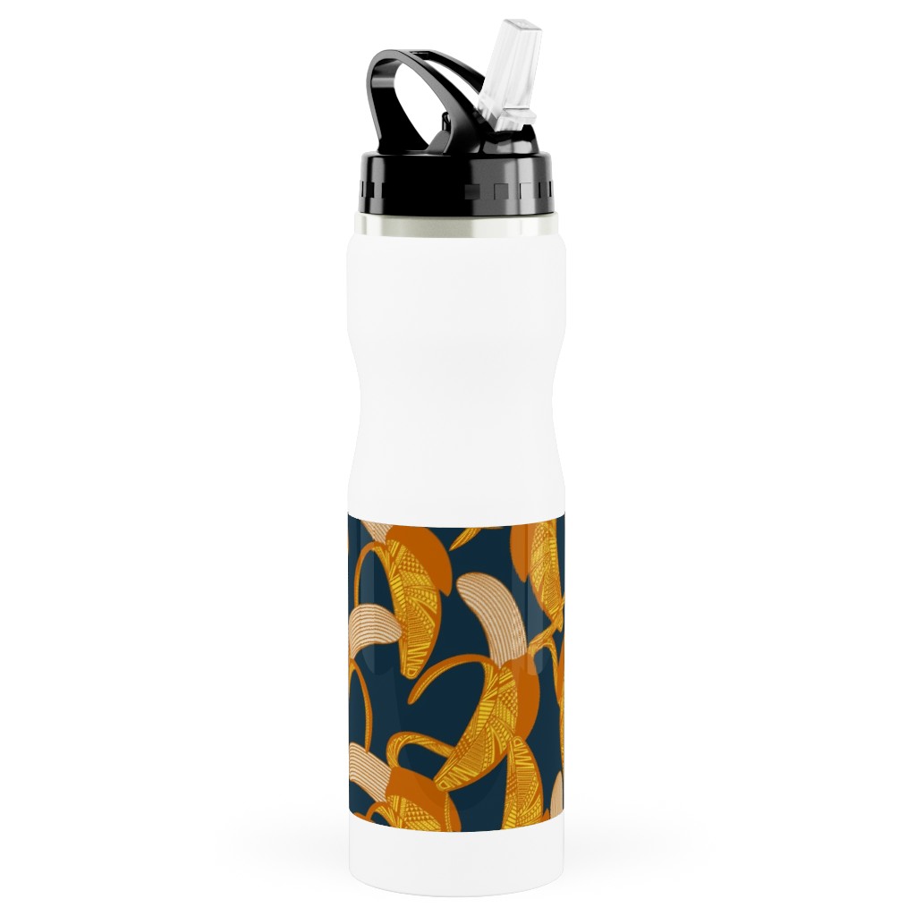 Peeled Banana - Yellow on Navy Stainless Steel Water Bottle with Straw, 25oz, With Straw, Yellow