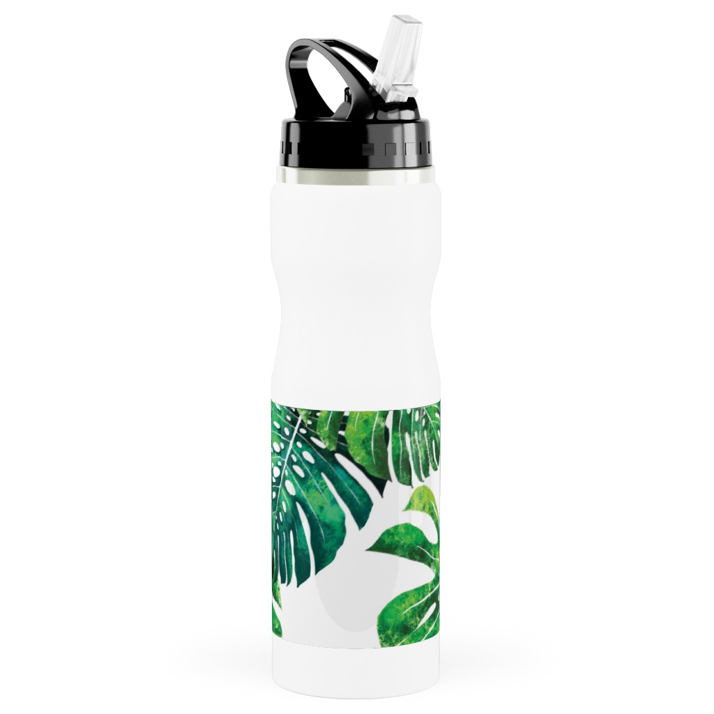 Monstera Leaves - Green on White Stainless Steel Water Bottle with Straw, 25oz, With Straw, Green