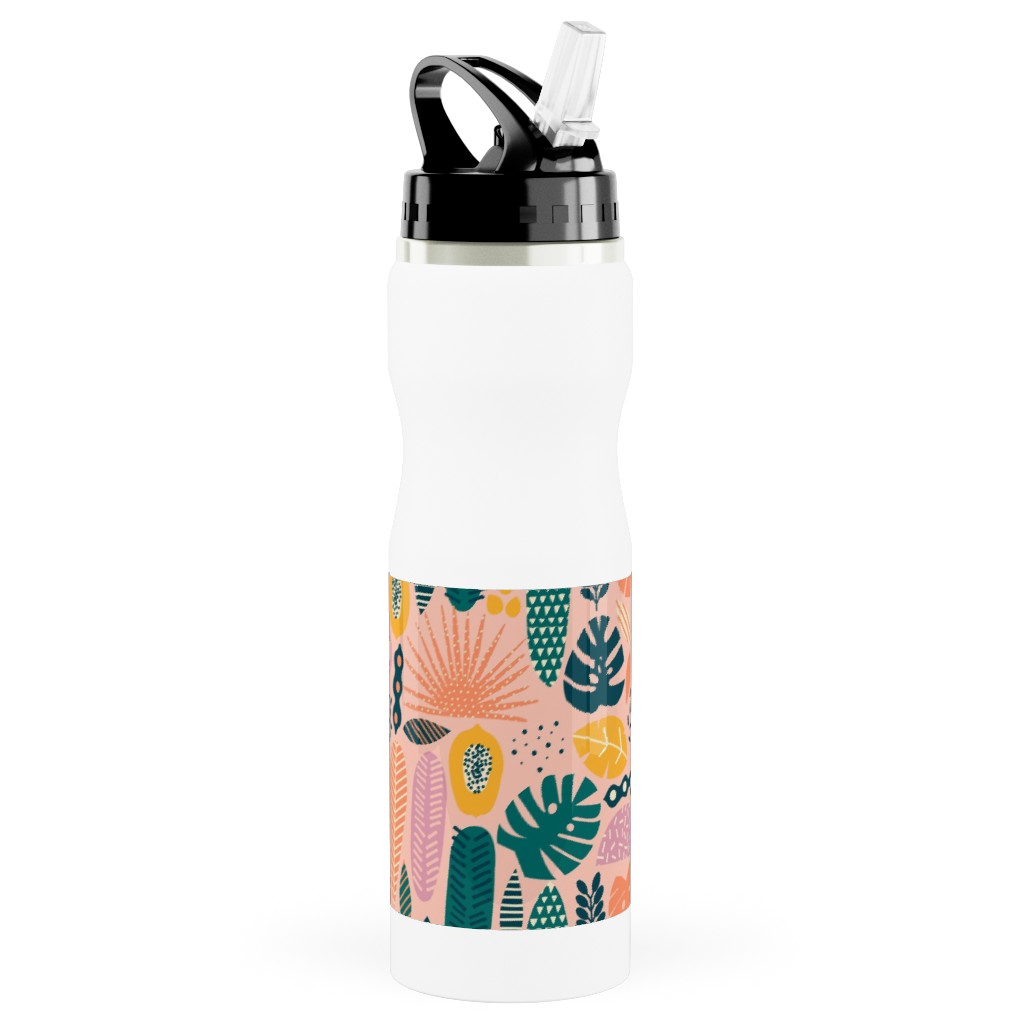 Hawaii Floral - Pink Stainless Steel Water Bottle with Straw, 25oz, With Straw, Multicolor