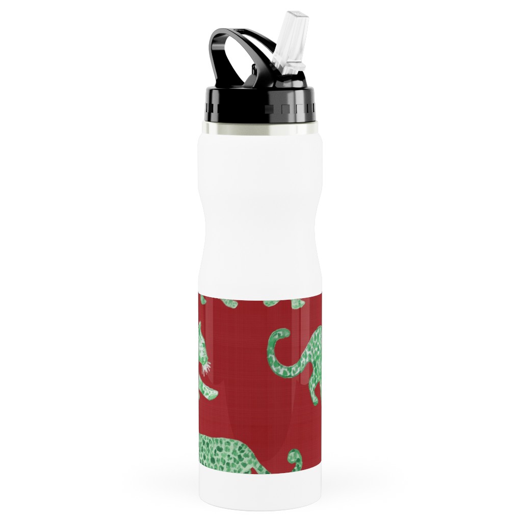 Leopard Parade Stainless Steel Water Bottle with Straw, 25oz, With Straw, Red