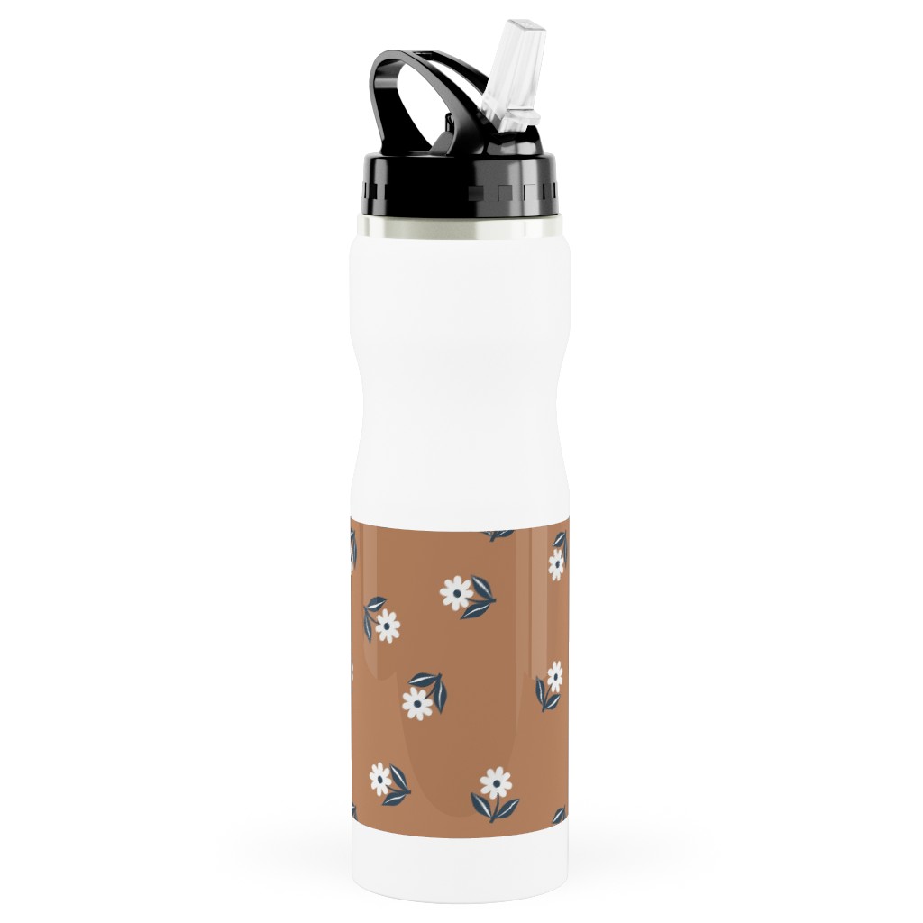 Romantic Boho Daisy Flowers - Scandinavian Print - Caramel Brown Blue Stainless Steel Water Bottle with Straw, 25oz, With Straw, Orange