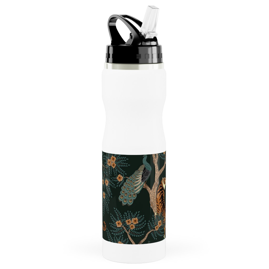 Tiger and Peacock - Black Stainless Steel Water Bottle with Straw, 25oz, With Straw, Black