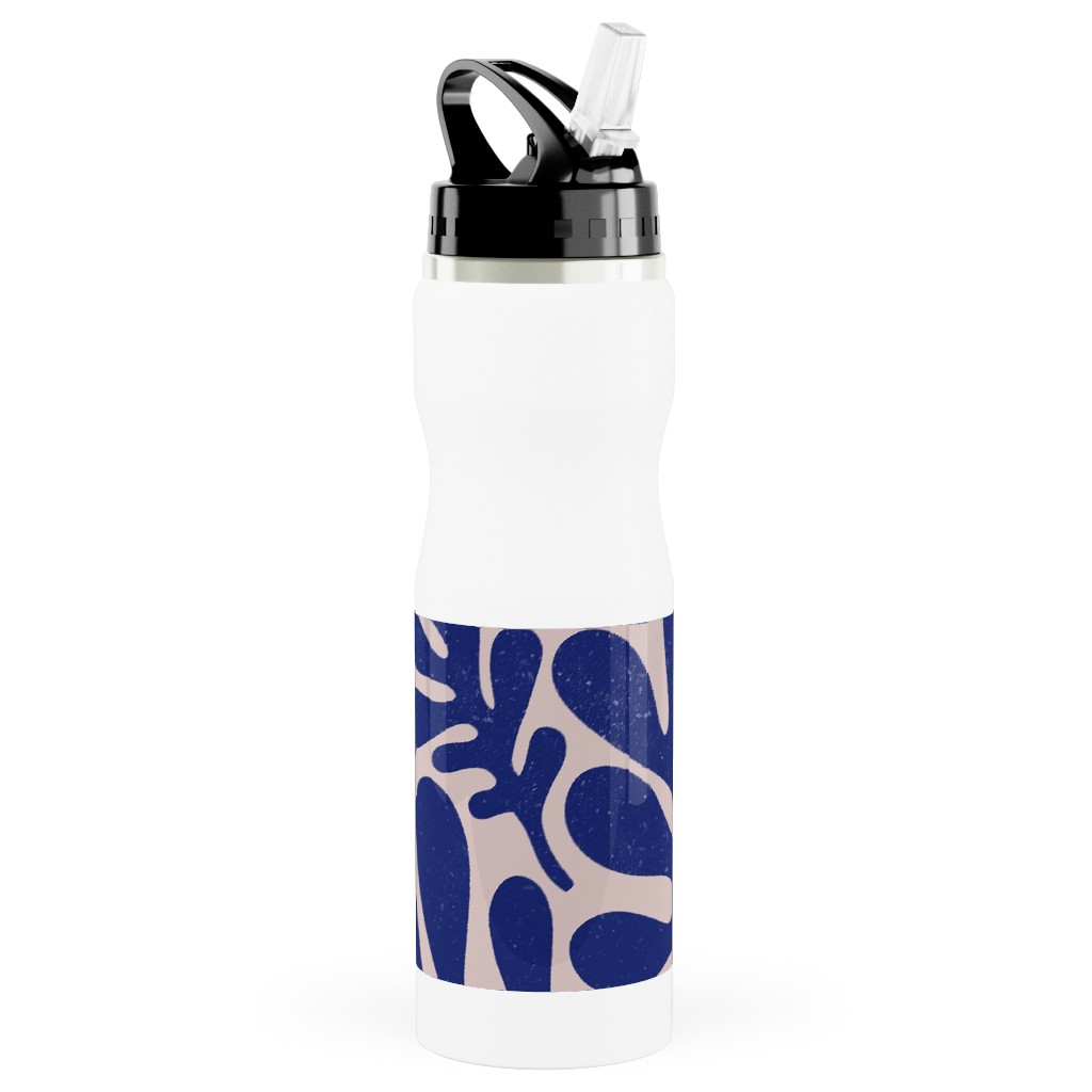 Organic Leaves - Blue Stainless Steel Water Bottle with Straw, 25oz, With Straw, Blue