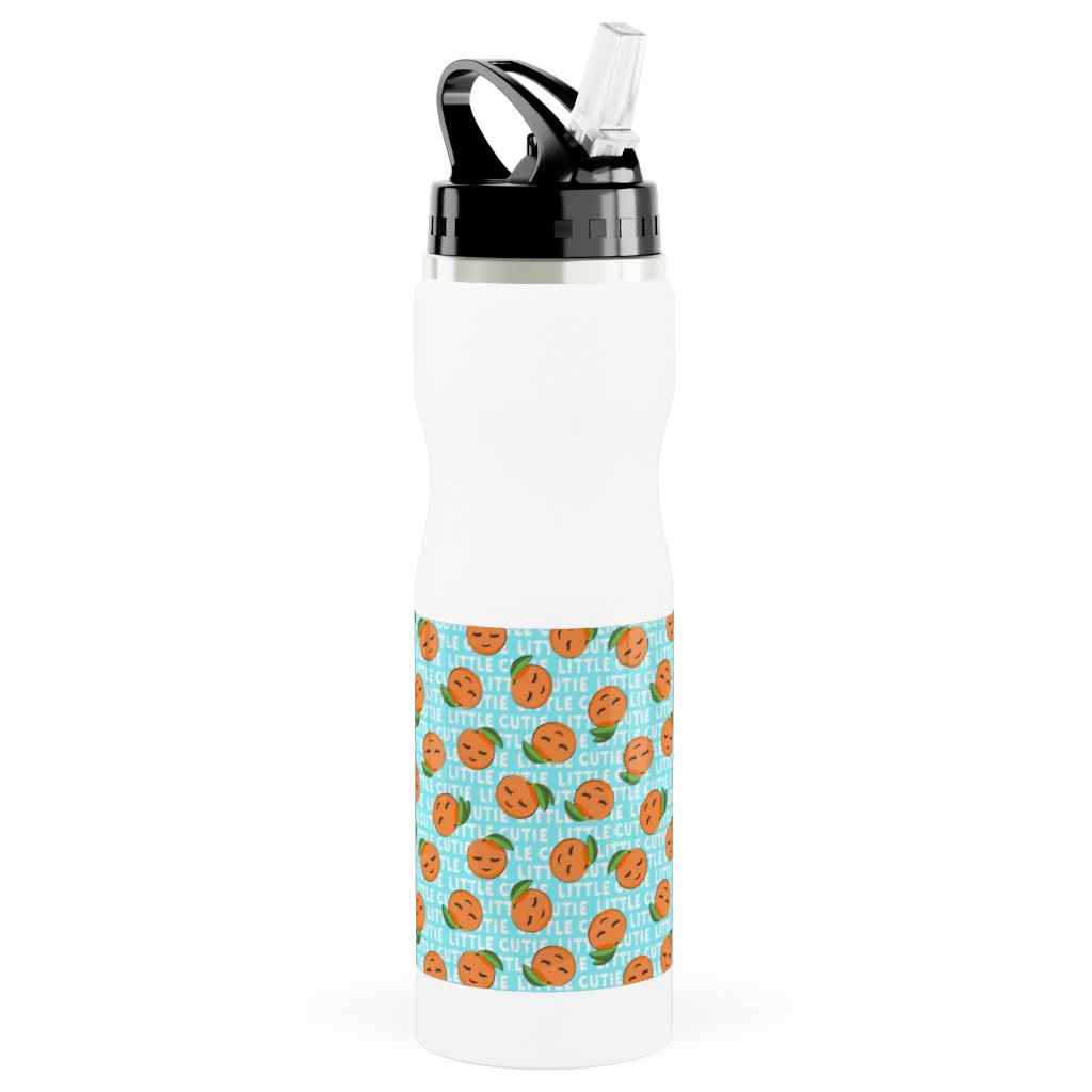 Little Cutie - Happy Oranges - Blue Stainless Steel Water Bottle with Straw, 25oz, With Straw, Blue