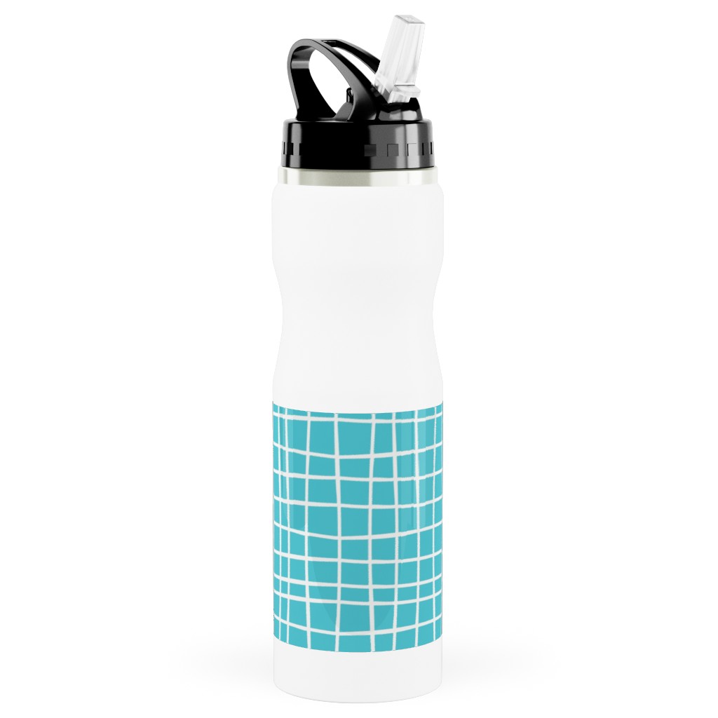 Wavy Grid Stainless Steel Water Bottle with Straw, 25oz, With Straw, Blue