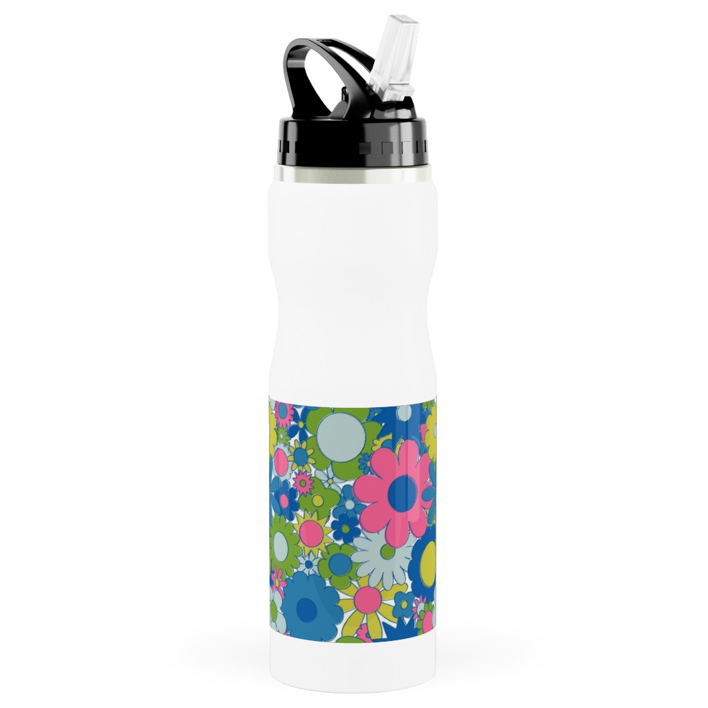 Funky Daisy Floral - Neon Stainless Steel Water Bottle with Straw, 25oz, With Straw, Multicolor