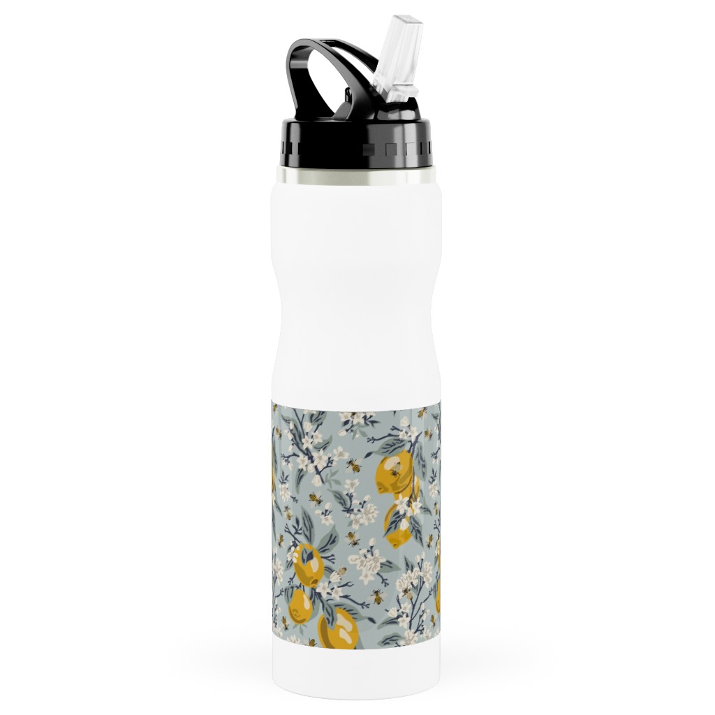 Bees & Lemons - Blue Stainless Steel Water Bottle with Straw, 25oz, With Straw, Blue