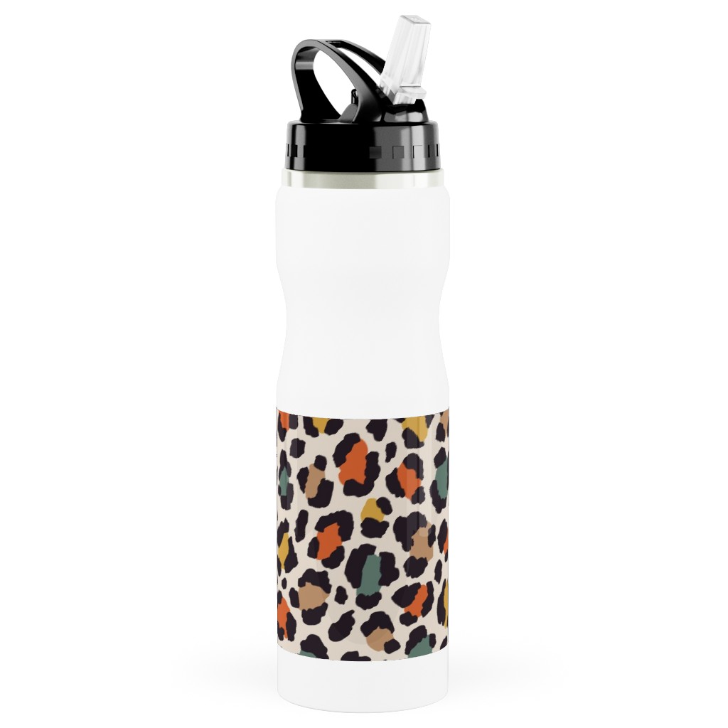 Colored Leopard Print - Mulit Stainless Steel Water Bottle with Straw, 25oz, With Straw, Multicolor