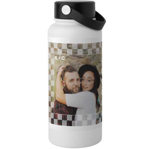 Checkered Border Stainless Steel Wide Mouth Water Bottle, 30oz, Wide Mouth, White