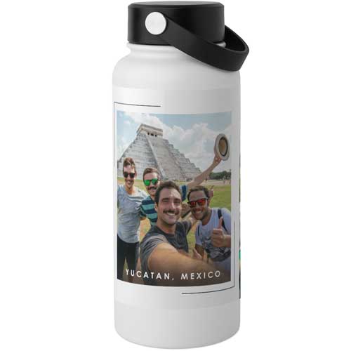 Etched Borders Stainless Steel Wide Mouth Water Bottle, 30oz, Wide Mouth, White