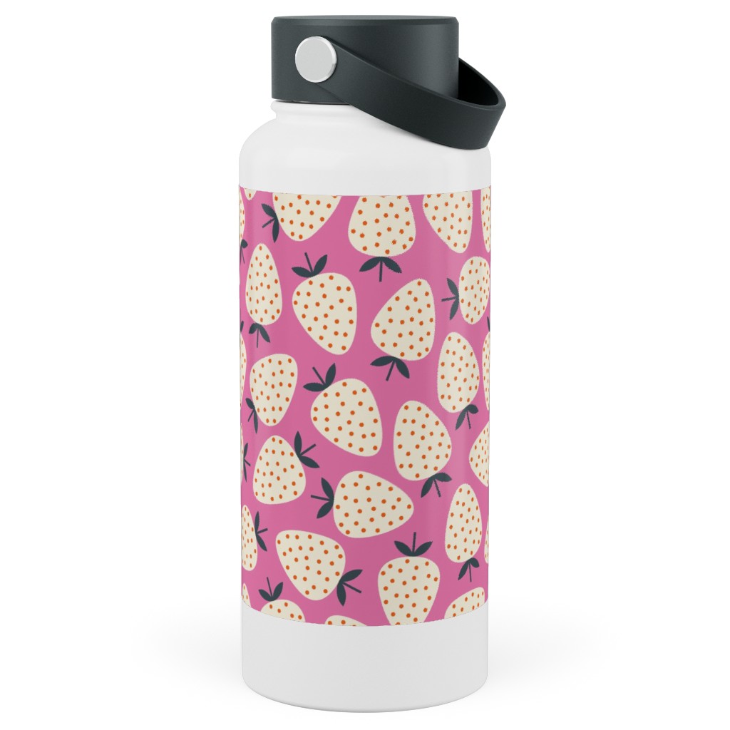 Strawberries - Cream on Pink Stainless Steel Wide Mouth Water Bottle, 30oz, Wide Mouth, Pink, Bright Pink