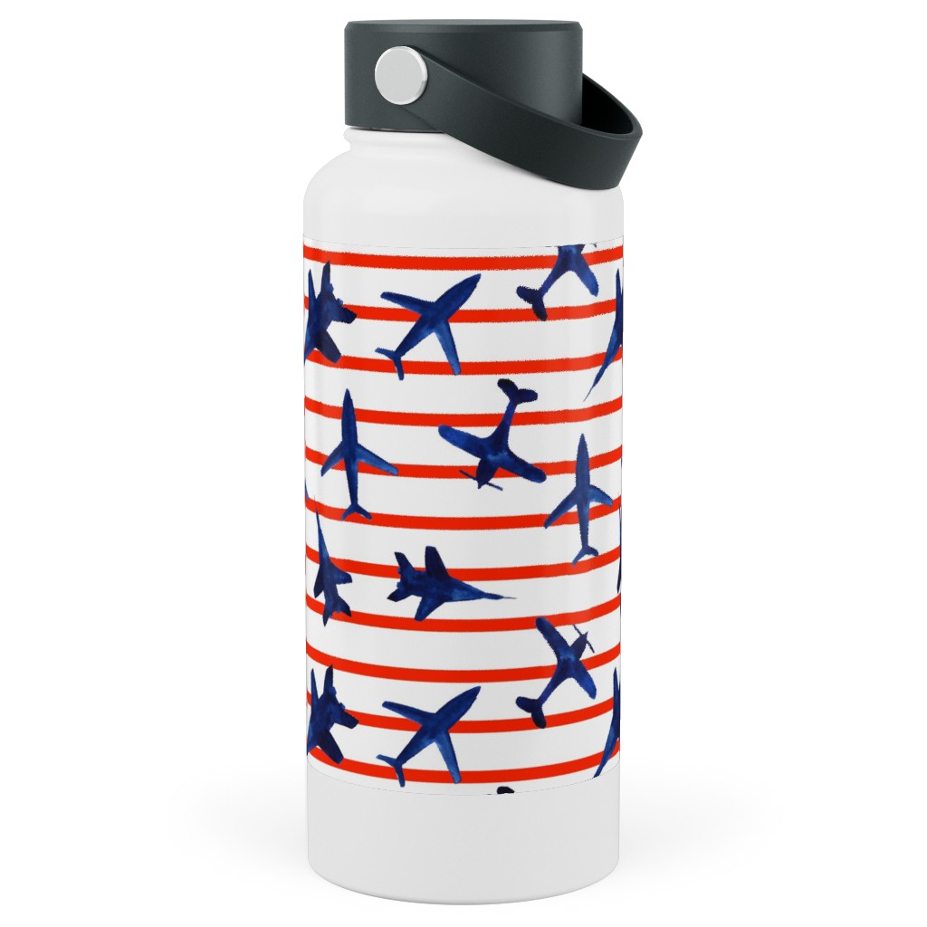 Patriotic Airplanes Watercolor - Blue With Red Stripes Stainless Steel Wide Mouth Water Bottle, 30oz, Wide Mouth, Blue