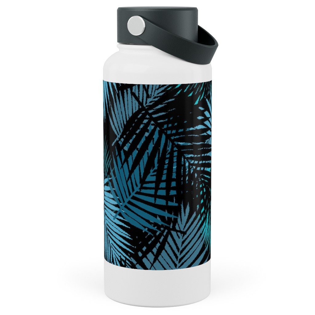 Tropical Leaves - Blue and Green Stainless Steel Wide Mouth Water Bottle, 30oz, Wide Mouth, Blue, True Blue