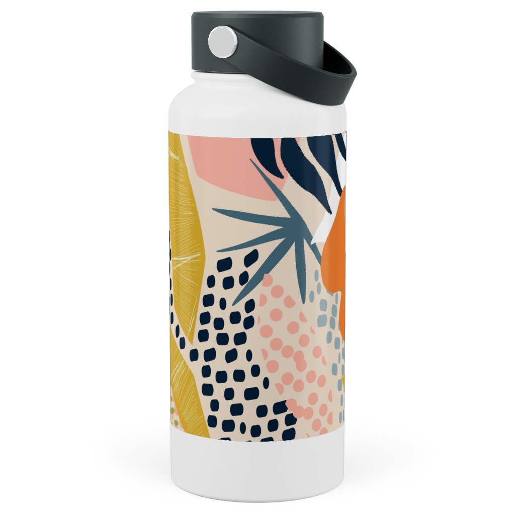 Tropical Foliage - Natural Retro - Multi Stainless Steel Wide Mouth Water Bottle, 30oz, Wide Mouth, Multicolor