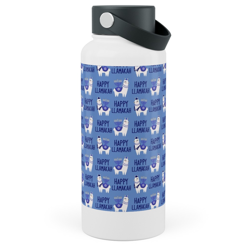 Happy Llamakah - Blue Stainless Steel Wide Mouth Water Bottle, 30oz, Wide Mouth, Blue, True Blue