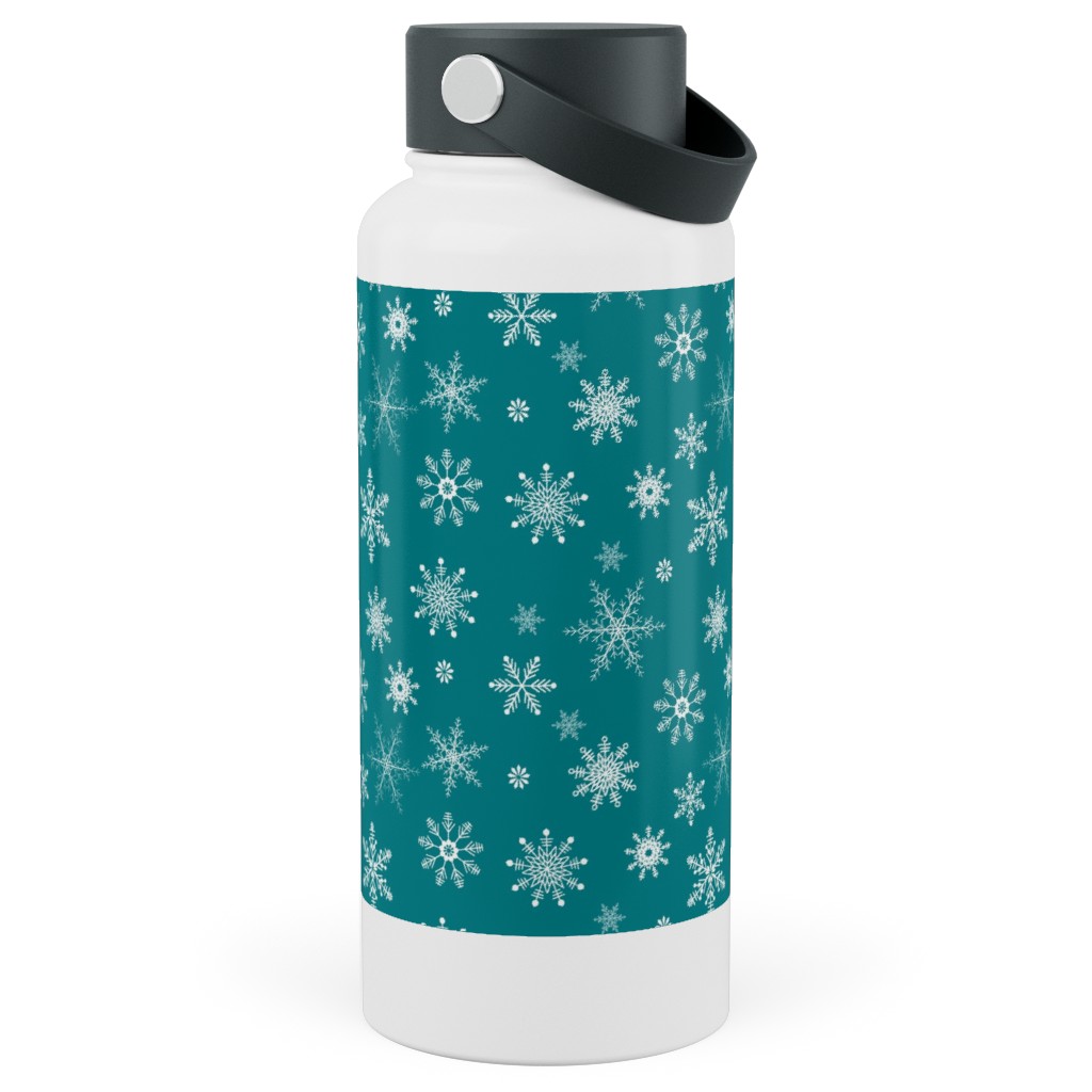 Snowflakes on Emerald Stainless Steel Wide Mouth Water Bottle, 30oz, Wide Mouth, Green