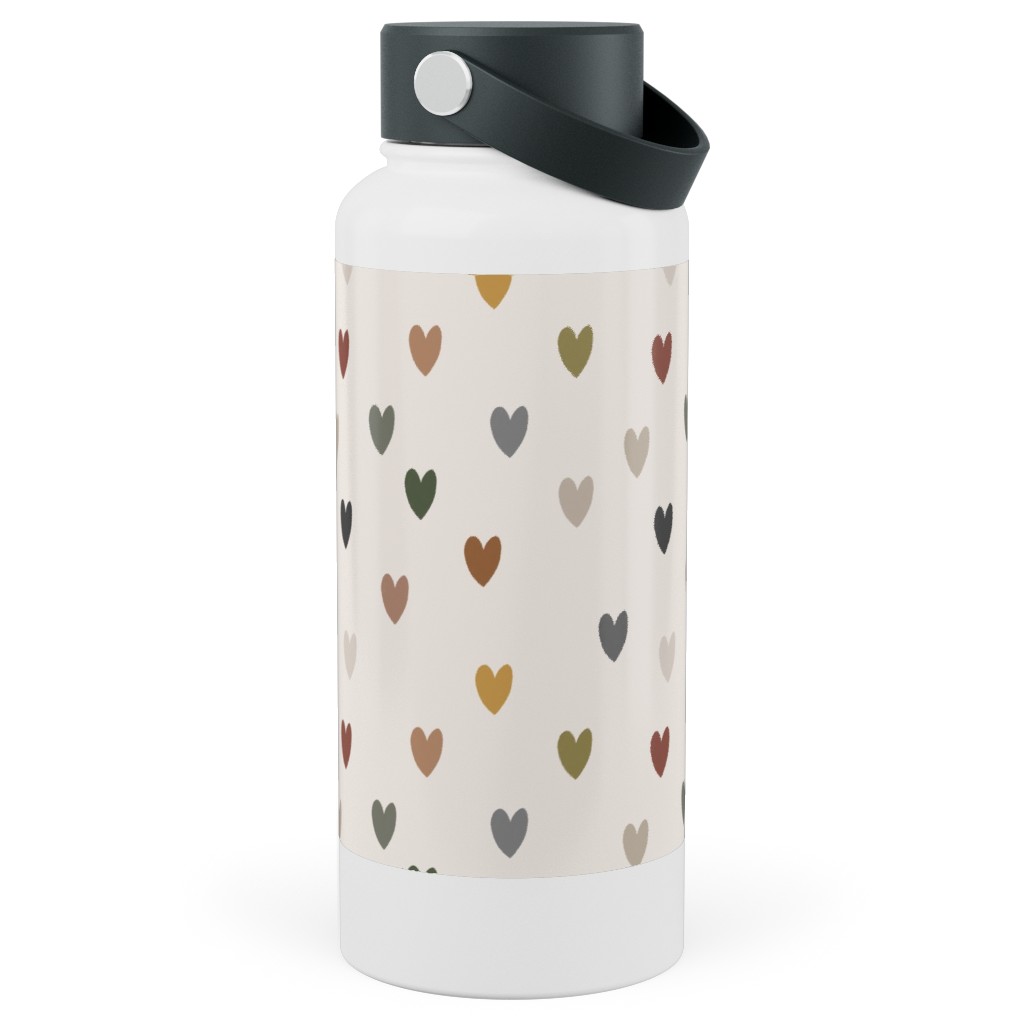Earthy Colored Hearts - Multi Muted Stainless Steel Wide Mouth Water Bottle, 30oz, Wide Mouth, Beige