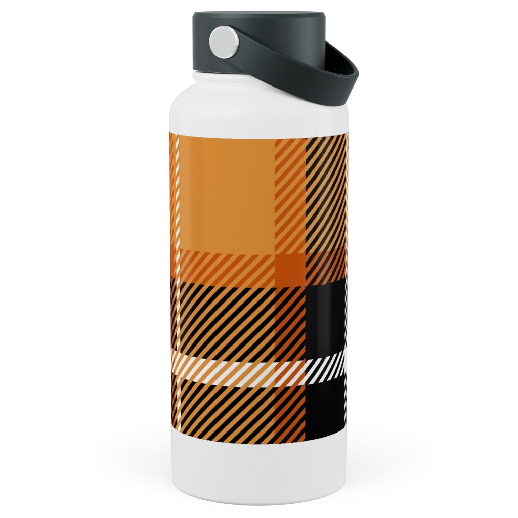 Orange and Black Plaid Stainless Steel Wide Mouth Water Bottle, 30oz, Wide Mouth, Orange