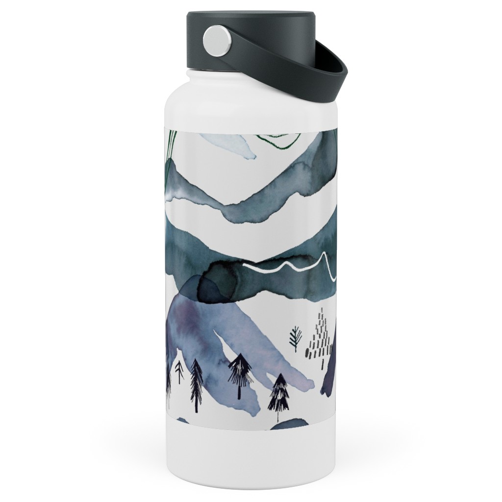 Watercolor Mountains Landscape - Blue Stainless Steel Wide Mouth Water Bottle, 30oz, Wide Mouth, Blue