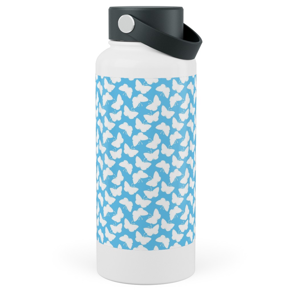 Butterflies - White on Blue Stainless Steel Wide Mouth Water Bottle, 30oz, Wide Mouth, Blue, True Blue