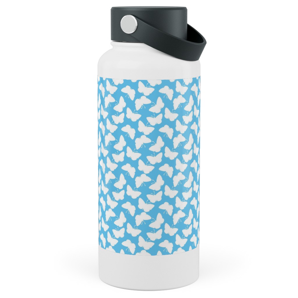 Butterflies - White on Blue Stainless Steel Wide Mouth Water Bottle, 30oz, Wide Mouth, Blue