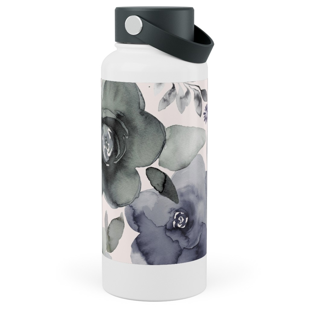 Wintery Watercolor Flower Bouquets - Navy Stainless Steel Wide Mouth Water Bottle, 30oz, Wide Mouth, Blue