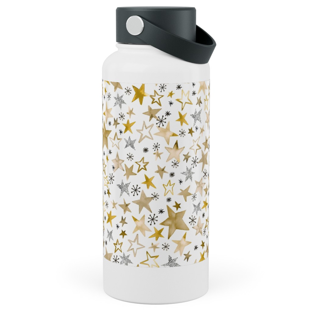 Winter Stars Christmas - Gold Stainless Steel Wide Mouth Water Bottle, 30oz, Wide Mouth, Yellow