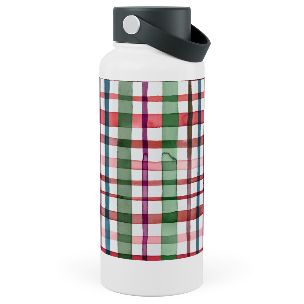 Watercolor Gingham - Red and Green Stainless Steel Wide Mouth Water Bottle, 30oz, Wide Mouth, Multicolor