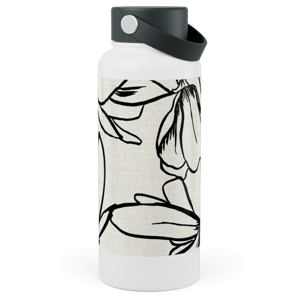 Magnolia Garden - Textured - White & Black Stainless Steel Wide Mouth Water Bottle, 30oz, Wide Mouth, Beige