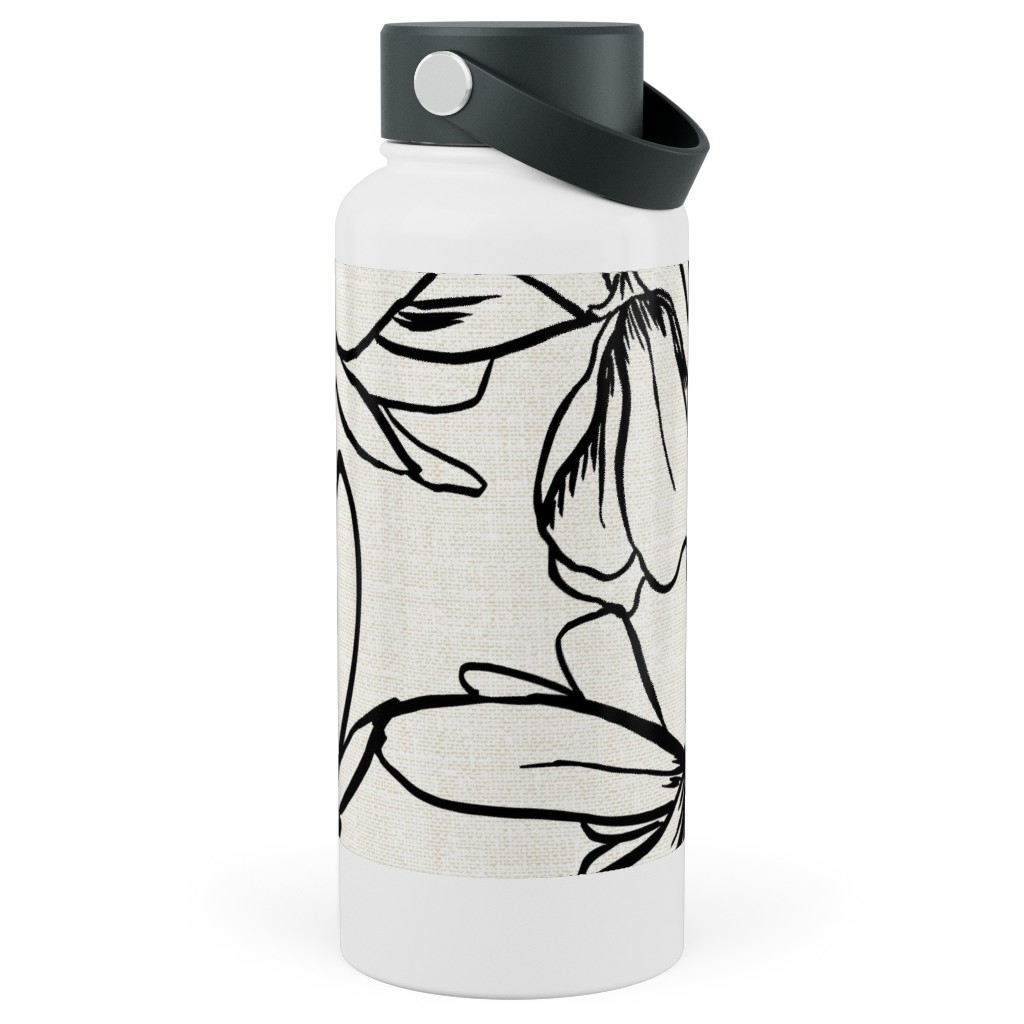 Magnolia Garden - Textured - White & Black Stainless Steel Wide Mouth Water Bottle, 30oz, Wide Mouth, Beige, Pearl